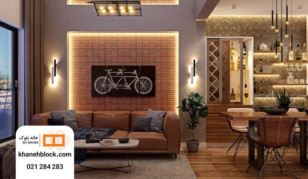 آجر نما سنتی پس‌زمینه‌ای برای کتابخانه، قاب عکس خانوادگی و تابلو - خانه بلوک